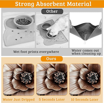 Black Brown Flower Feeding Mat,Artistic Absorbent Quick-Dry Cat Dog Food and Water Bowl Mats,Non-Slip Rubber Backing Mat,Cat Dog Accessories Supplies 12" x 20"