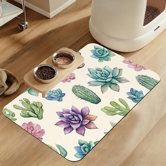 Cactus Flower Pet Feeding Mat for Floors–Christmas Stocking Absorbent Quick Dry Dog Cat Bowl Mat for Food and Water, Non Slip Waterproof Base, Mess-Free Feeding Accessories 16"x24"