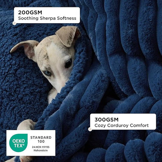 Bedsure ComfyFleece™ Waterproof Dog Blankets for Large Dogs - Soft Pet Cat Blanket Corduroy Fleece for Couch Protector Washable, Cozy Calming Reversible Furniture Protection,40"x50", Navy Blue