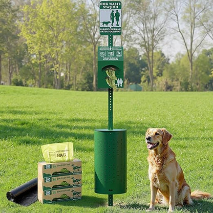 Dog Waste Station Outdoor, Pet Waste Disposal Station Rustproof Aluminum with 10 Gallon Trash Can, 600 Dog Poop Bags & 50 Liners for Parks, Trails, HOA Communities, Backyards