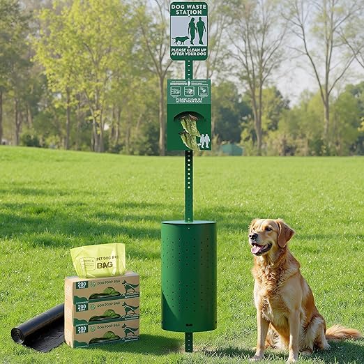 Dog Waste Station Outdoor, Pet Waste Disposal Station Rustproof Aluminum with 10 Gallon Trash Can, 600 Dog Poop Bags & 50 Liners for Parks, Trails, HOA Communities, Backyards