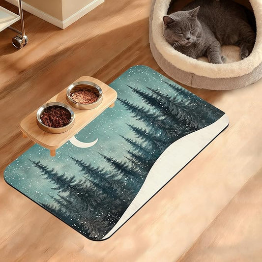 Pet Feeding Mat,Abstract Forest Absorbent Dog Cat Food Mat Moon Dog Mat with Rubber Backing,Non-Slip Water Bowl Placemat,Pet Supplies 12" x 20"