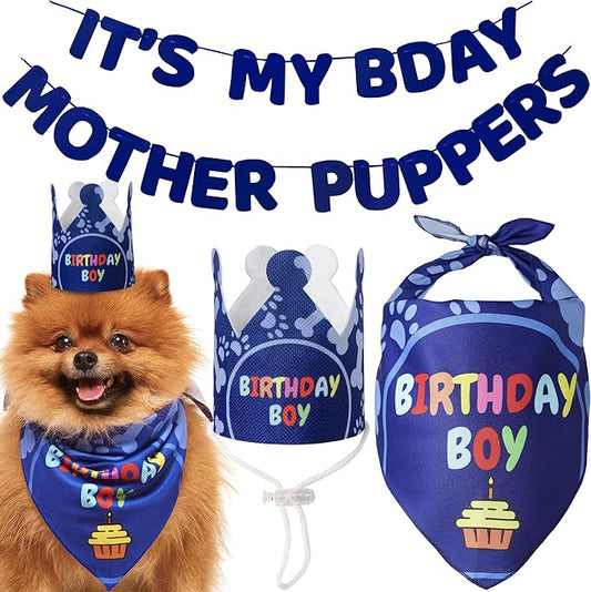 Dog Birthday Party Decorations - Bday Bandana Set - Birthday Boy Bandana for Small Dogs, Puppy, Party Hat, Crown and Cute Dog Birthday Banner with It's My Birthday Mother Puppers Sign