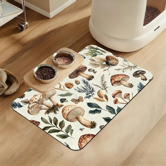 Vintage Mushroom Floral Dog Cat Food Mat–Christmas Stocking Absorbent Waterproof Placemat for Food and Water Bowls, Non Slip Rubber Backing, Feeding Mat for Clean Floors 12"x20"