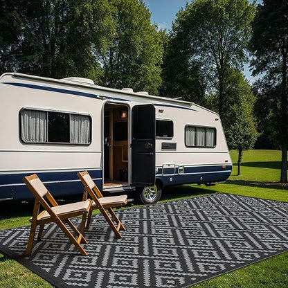 GENIMO Outdoor Rug for Patio Clearance, 8'x16' Waterproof Camping Mat, Reversible Plastic Straw Rugs for RV, Camper, Balcony, Backyard, Picnic, Deck, Black & Gray