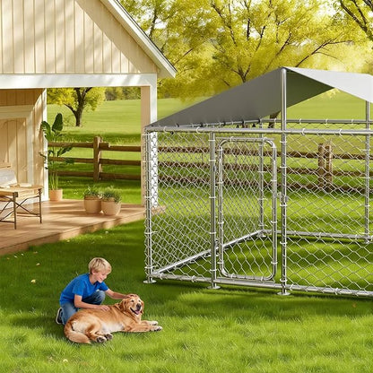 7.8'x7.8' Outdoor Dog Kennel, Heavy-Duty Dog Enclosure with Wire Mesh Fence, Lock & Waterproof Cover for Large Dogs
