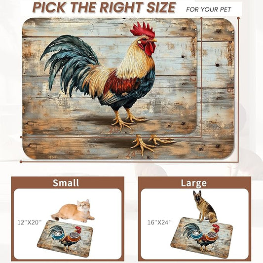 Rooster Dog Food Mat for Floors,Vintage Wood Panel Absorbent Quick-Dry Pet Feeding Mat,Cat Dog Bowl Mats for Food and Water,Non-Slip Pet Accessories Supplies 12"x20"