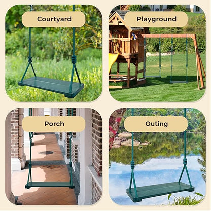 Wooden Swing Seat, Nostalgic Outdoor Wood Swing for Kids Adults, Tree Straps Set Accessories for Backyard Patio Garden Playground (Green)