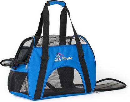 Pawer Soft-Sided Pet Carrier for Cat and Small Dog,Blue Color,Medium Size,Washable 600D Oxford Cloth Airline Approved Travel Tote,with 2 Mesh Opens and a Strap for Carry,Multiple Colors Available