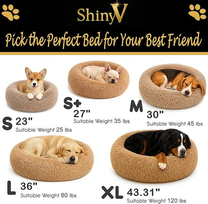 Calming Dog Bed - Fluffy Donut Cuddler for Anxiety Relief, Orthopedic Pet Bed with Non-Slip Bottom, Cozy Round Faux Fur Nest for Dogs and Cats, Plush Crate Mat for Comfort (Camel, Small +)