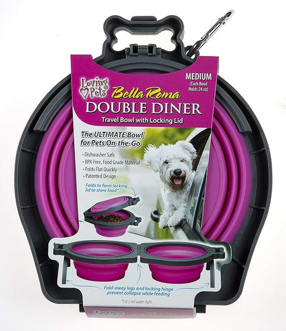 Loving Pets - Bella Roma Double Diner Portable Travel Dog Bowls Collapsible Combined Dog Food & Water Bowls (Pink, Medium)