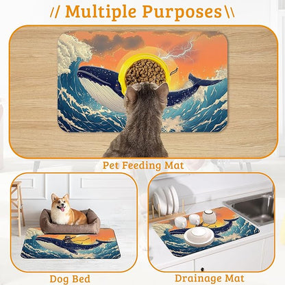 Dog Bowl Mat,Cat Shark Pet Feeding Mat for Floors Waterproof,Ocean Wave Absorbent Dogs Placemat for Food and Water Quick Dry Pet Cat Feeding Mats with Non Slip Bottom 12" x 20"