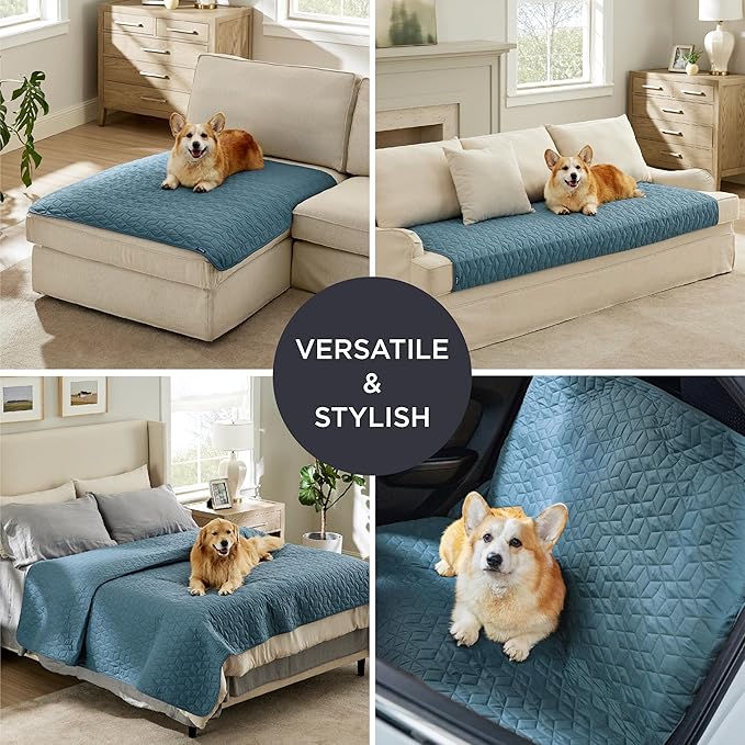 Bedsure 100% Waterproof Bed Cover for Dogs Washable - Non Slip Waterproof Dog Blanket for Bed, Lightweight Furniture Protector Durable for Pet Cat Puppy with Non-Slip Bottom, Blue, 82x82IN
