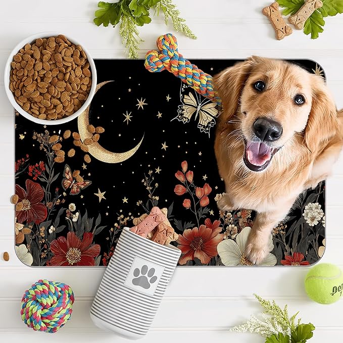 Moon Butterfly Pet Feeding Mat,Vintage Garden Luxury Absorbent Quick-Dry Cat Dog Food and Water Bowl Mats,Non-Slip Rubber Backing Mat,Cat Dog Accessories Supplies 12"x20"
