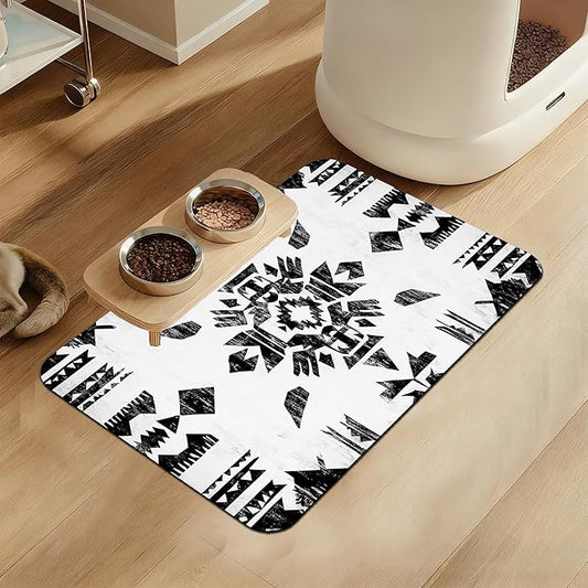 Black Boho Art Dog Food Mat–Christmas Stocking Absorbent Quick Dry Feeding Placemat for Food and Water Bowls, Non Slip Rubber Backing, Waterproof Pet Supplies for Mess-Free Eating 12"x20"