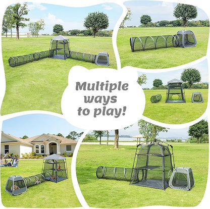 Cat Enclosure Kitten and Tower Tent for Indoor and Outdoor,3 Tier Cage Inside,Outdoor Catio,Portable and Foldable,Two Doors Design; Play Tunnel + Cube(with Three Ways)…