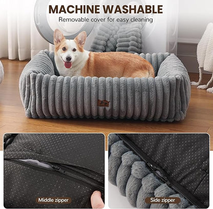 Washable Dog Bed for Small Medium Dogs - Rectangle Orthopedic Corduroy Fleece Pet Bed with Removable Cover and Nonskid Bottom, Calming Puppy Bed Soft Pet Sofa, Grey(35x25x9inchs)