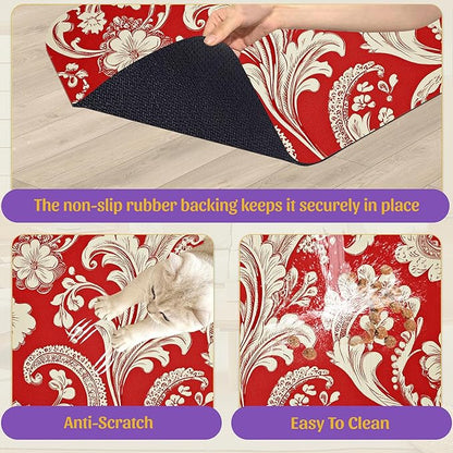 Red White Paisley Pet Food Mat, Absorbent Feeding Pad for Dogs and Cats, Waterproof Anti-Slip Base – 12x20 Inch