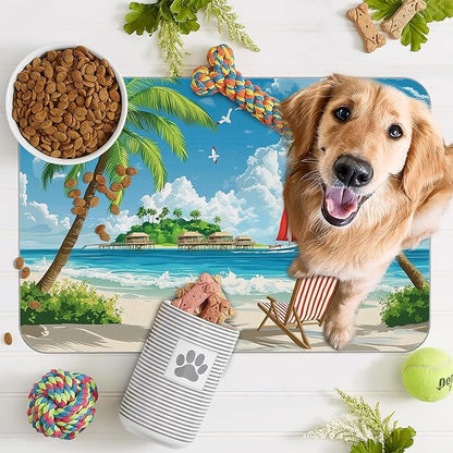 Tropical Beach Dog Food Mat for Floors,Hawaii Palm Tree Absorbent Quick-Dry Pet Feeding Mat, Cat Dog Bowl Mats for Food and Water, Non-Slip Pet Accessories Supplies 12"x20"