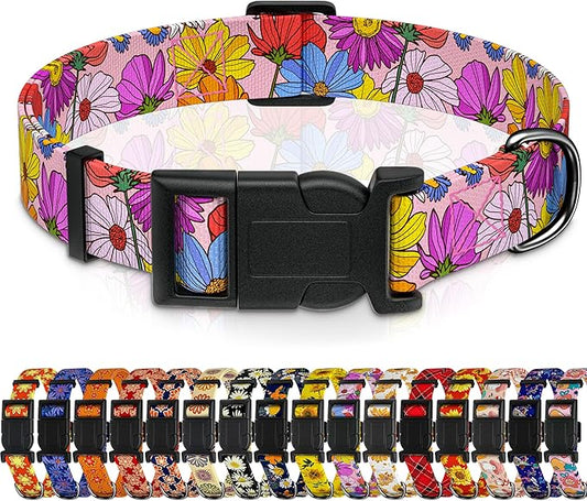 Dog Collar, Pink Floral Boys Girls Puppy Collar for Small Medium Large Dogs, Adjustable Soft Floral Pet Collar with Safety Buckle for Male Females(Pink Floral, L)