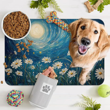 Starry Night Pet Feeding Mat,Moon Daisy Flower Absorbent Quick-Dry Cat Dog Food and Water Bowl Mats,Non-Slip Rubber Backing Mat,Cat Dog Accessories Supplies 16"x24"