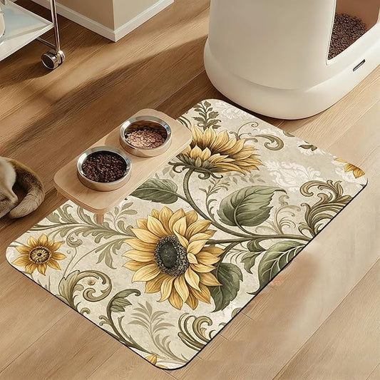 Vintage Sunflower Pet Feeding Mat for Floors–Christmas Stocking Absorbent Quick Dry Dog Cat Bowl Mat for Food and Water, Non Slip Waterproof Base, Mess-Free Feeding Accessories 16"x24"