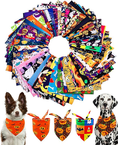 PET SHOW 50 Pack Halloween Big Dog Bandanas Bulk XL Washable Triangle Bibs for Medium Large Dogs Girl Boy Ghost Pumpkin Kerchief Set Pet Scarves Holiday Grooming Accessories