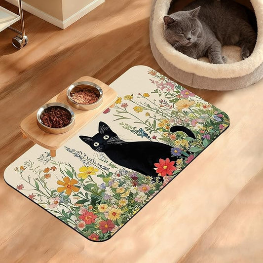 Dog Bowl Mat,Cat Black Pet Feeding Mat for Floors Waterproof,Color Flowers Absorbent Dogs Placemat for Food and Water Quick Dry Pet Cat Feeding Mats with Non Slip Bottom 12" x 20"