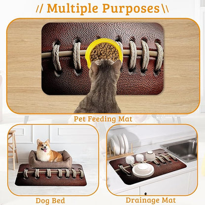 Football Texture Feeding Mat,Laces Stripes Absorbent Quick-Dry Cat Dog Food and Water Bowl Mats,Non-Slip Rubber Backing Mat,Cat Dog Accessories Supplies 16" x 24"