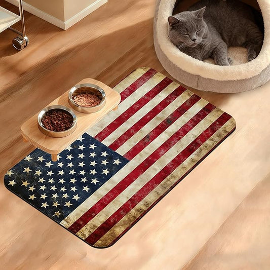 Retro Flag Dog Cat Food Mat,Absorbent Waterproof Placemat for Food and Water Non Slip Rubber Backing Durable Feeding Pad for Clean Floors 12" x 20"