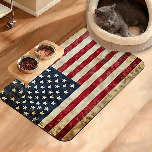 Retro Flag Dog Cat Food Mat,Absorbent Waterproof Placemat for Food and Water Non Slip Rubber Backing Durable Feeding Pad for Clean Floors 16" x 24"