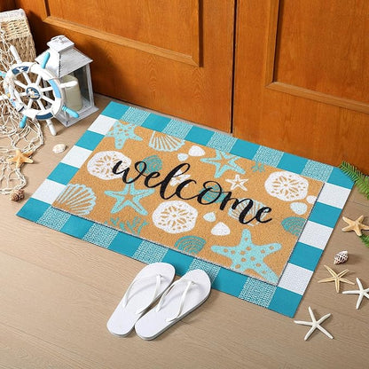 Tinideya 2 Pcs Summer Door Mat Coastal Beach Welcome Non Slip Coir Mats Sea Style Starfish Seashells Ocean Buffalo Plaid Floor Layering Doormats Seasonal for Front Porch Entryway Decor(Summer Beach)