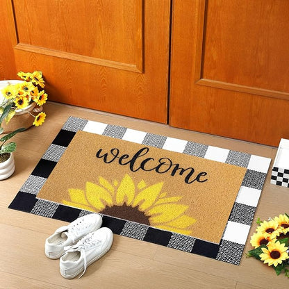 Tinideya 2 Pcs Summer Door Mat Sunflower Welcome Non Slip Coir Mats Floral Buffalo Plaid Floor Layering Doormats for Home Front Door Porch Entryway Decor