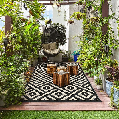 GENIMO Outdoor Rug for Patio Clearance,6'x9' Waterproof Mat,Reversible Plastic Camping Rugs,Rv,Deck,Porch,Camper,Balcony,Backyard (Black & Beige)