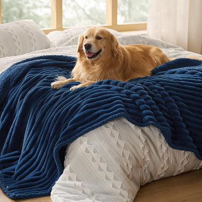 Bedsure ComfyFleece™ Waterproof Dog Blankets for Large Dogs - Soft Pet Cat Blanket Corduroy Fleece for Bed Protector Washable, Cozy Calming Reversible Furniture Protection,60"x80", Navy Blue
