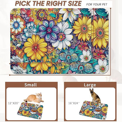 Floral Dog Food Mat for Floors,Cute Mandala Flower Absorbent Quick-Dry Pet Feeding Mat,Cat Dog Bowl Mats for Food and Water,Non-Slip Pet Accessories Supplies 12"x20"