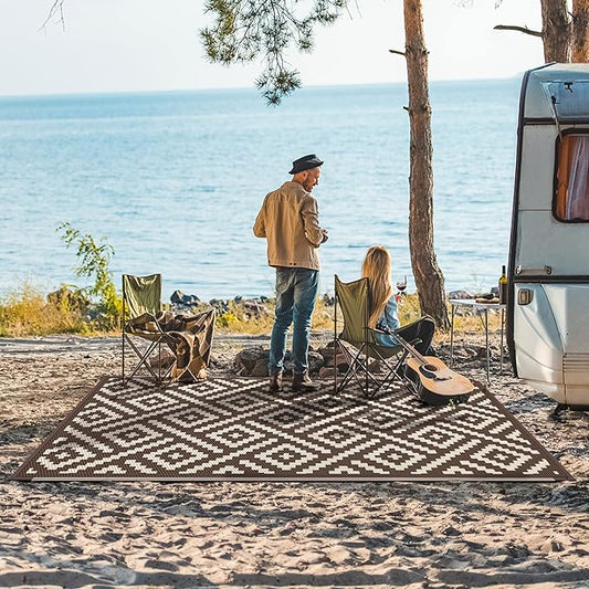 GENIMO Outdoor Rug for Patio Clearance, 6'x9' Waterproof Camping Mat, Reversible Plastic Straw Rugs for RV, Camper, Balcony, Backyard, Picnic, Deck (Coffee & Beige)