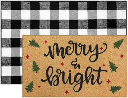 Tinideya 2 Pcs Door Mat Welcome Non Slip Coir Mats Floor Layering Doormats Seasonal for Front Porch Entryway Decor(Rustic Christmas)
