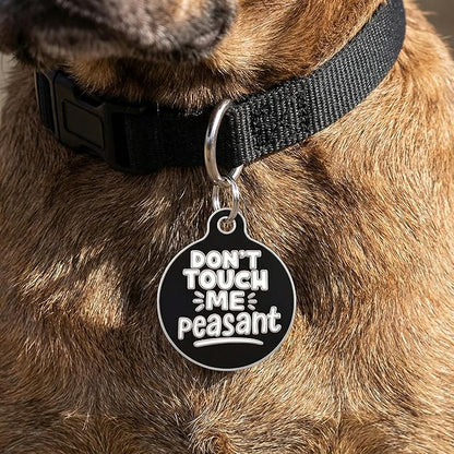Bad Tags Personalized Dog and Cat ID Tags in 25+ Designs and 2 Sizes - 5 Lines of Custom Engraved Text - Funny Cute Personalized Pet Tags (Don't Touch Me Peasant, Large (1.25 inch))