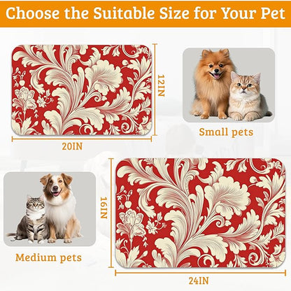 Red White Flower Feeding Mat,Paisley Absorbent Quick-Dry Cat Dog Food and Water Bowl Mats,Non-Slip Rubber Backing Mat,Cat Dog Accessories Supplies 12" x 20"