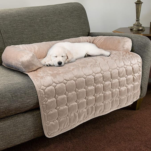 Couch Cover for Dogs – 35x35 Pet Furniture Protector with Memory Foam Bolster, Quilted Fabric, Non-Slip Water-Resistant Base Layer by PETMAKER (Beige)