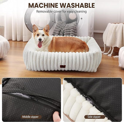 Washable Dog Bed for Small Medium Dogs - Rectangle Orthopedic Corduroy Fleece Pet Bed with Removable Cover and Nonskid Bottom, Calming Puppy Bed Soft Pet Sofa, Cream(30x24x8inchs)