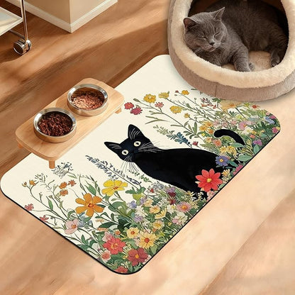 Dog Bowl Mat,Cat Black Pet Feeding Mat for Floors Waterproof,Color Flowers Absorbent Dogs Placemat for Food and Water Quick Dry Pet Cat Feeding Mats with Non Slip Bottom 16" x 24"