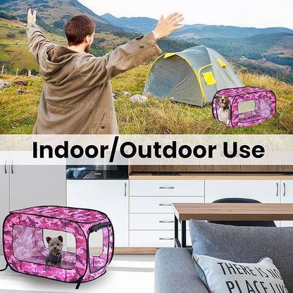 Beatrice Home Fashions Portable, Collapsible, Pop Up Kennel Travel Cat and Dog Crate, 32.5" L x 19.5" W x 19.5" H, Camo Pink