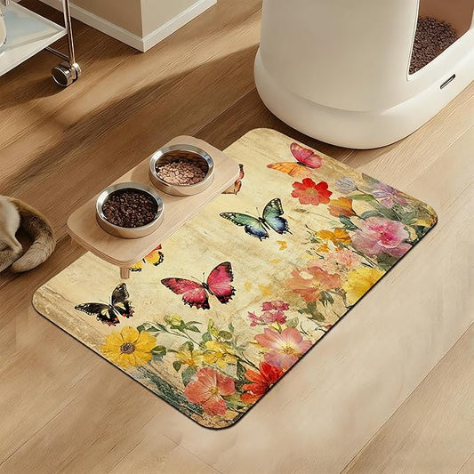 Vintage Butterfly Floral Pet Food Mat for Cats and Dogs–Christmas Stocking Absorbent Quick Dry Feeding Placemat, Non Slip Rubber Base, Waterproof Bowl Mat for Indoor Use, Pet Supplies 12"x20"