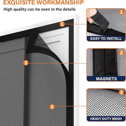 Double Door Fiberglass Magnetic Screen Door，Screen Door Mesh，Keep Bugs Out, Heavy-Duty Mesh Curtain,Pet and Kid Friendly, Works with Front Doors, Sliding Doors（64x80 Inch