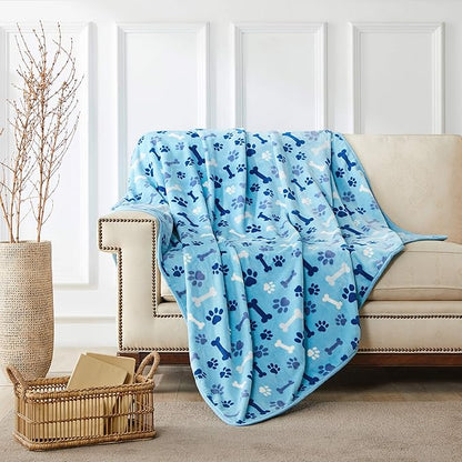 Allisandro Luxurious Dog Blanket, 350 GSM Super Fuzzy Microplush Fleece Pet Blankets for Small Medium Large Dogs and Cats, Blue Paw and Bone, 40" x 32"