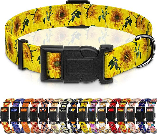 Dog Collar, Floral Puppy Collar for Small Medium Large Dogs, Adjustable Soft Sunflower Pet Collar With Safety Buckle for Males Females (Yellow, L)
