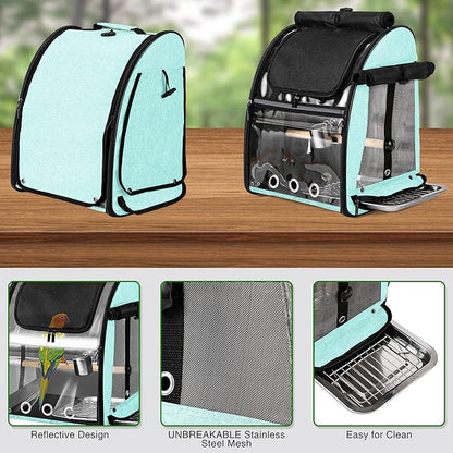 SUERTREE Bird Carrier Bag with Indestructible Stainless Steel Mesh, Bird Travel Cage with Stand, Easy to Clean Backpack for Parrot, Portable Bird Travel Bag, Green