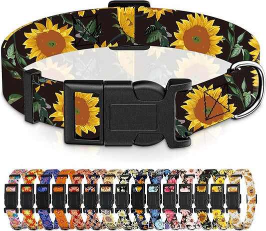 Dog Collar for Boys Girls, Sunflower Puppy Collar for Small Medium Large Dogs, Adjustable Soft Floral Pet Collar with Safety Buckle for Male Females(Black Sunflower,S)